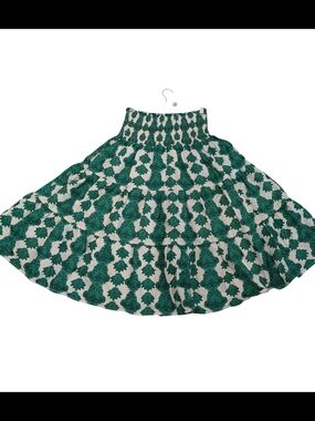 Boho Smocked Waist Midi Skirt Green White Floral Linen Blend Flowy Tiered Sz M